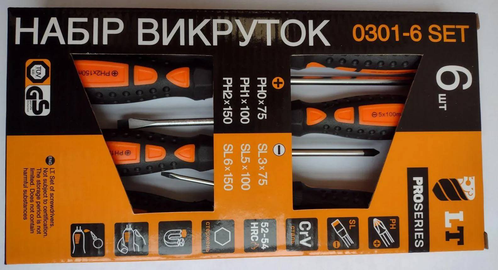 Набор отверток LT CrV PROSERIES 6 шт. SL3 75 мм/SL5 100 мм/SL6 150 мм/РН0 75 мм/РН1 100 мм/РН2 150 мм - 121397