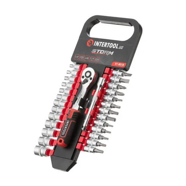 Набір головок і біт STORM, 1/4"", Cr-V, 28 од., головки: 4-14 мм, біти: TORX, HEX, PH, SL, тріскачка 72 зуби, подовжувач 100 мм - 187539