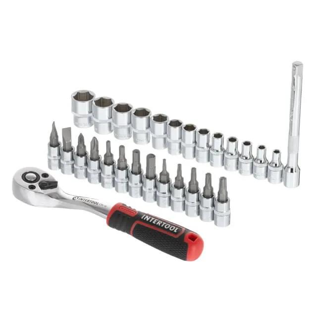 Набір головок і біт STORM, 1/4"", Cr-V, 28 од., головки: 4-14 мм, біти: TORX, HEX, PH, SL, тріскачка 72 зуби, подовжувач 100 мм - 187540