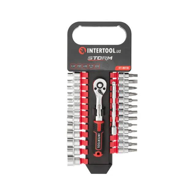 Набір головок і біт STORM, 1/4"", Cr-V, 28 од., головки: 4-14 мм, біти: TORX, HEX, PH, SL, тріскачка 72 зуби, подовжувач 100 мм - 187541