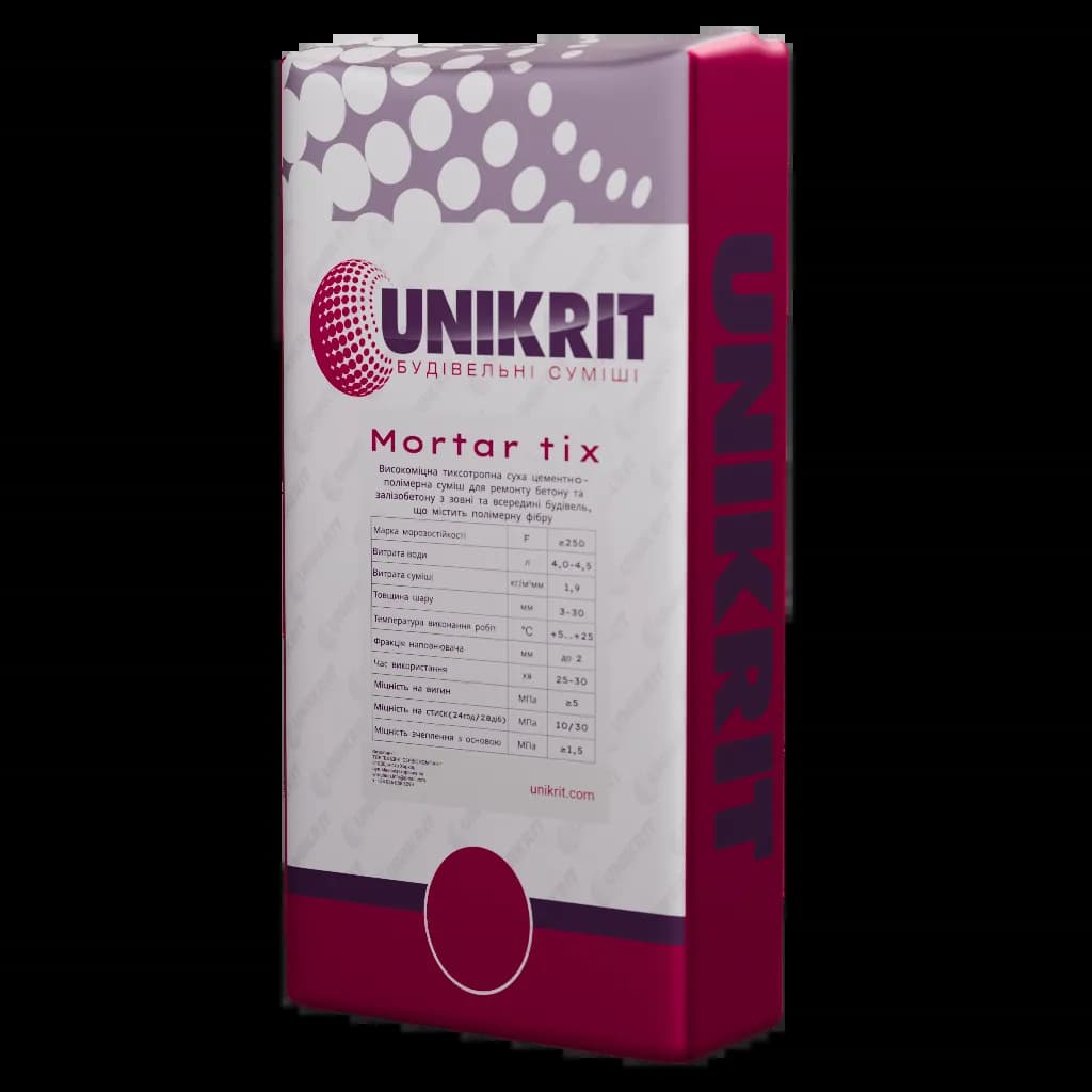 Тиксотропна ремонтна суміш UNIKRIT MORTAR TIX 25 кг - 278920786