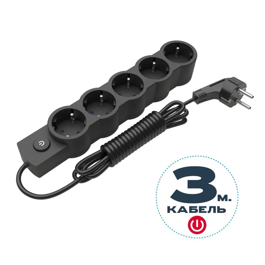Удлинитель ELECTRUM 5 розеток 3 м с выключателем и заземлением Черный (C-ES-1548) - 209756