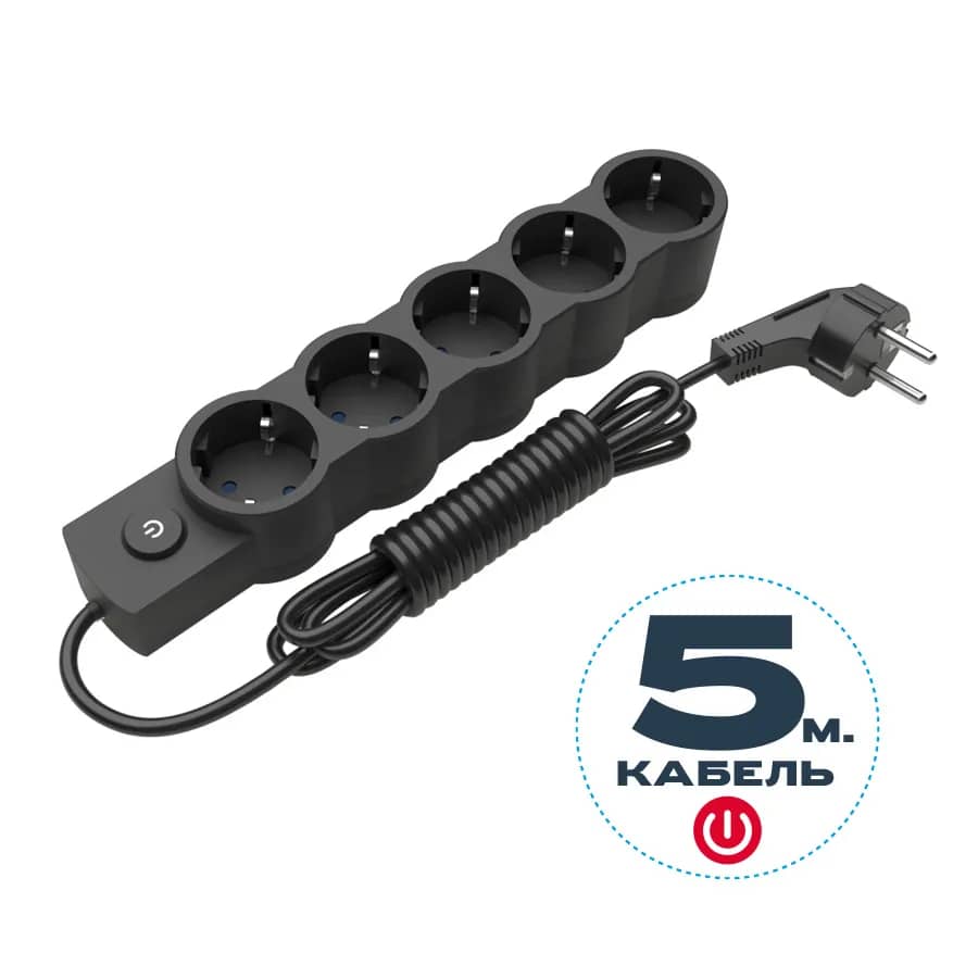Удлинитель ELECTRUM 5 розеток 5 м с выключателем и заземлением Черный (C-ES-1549) - 209759
