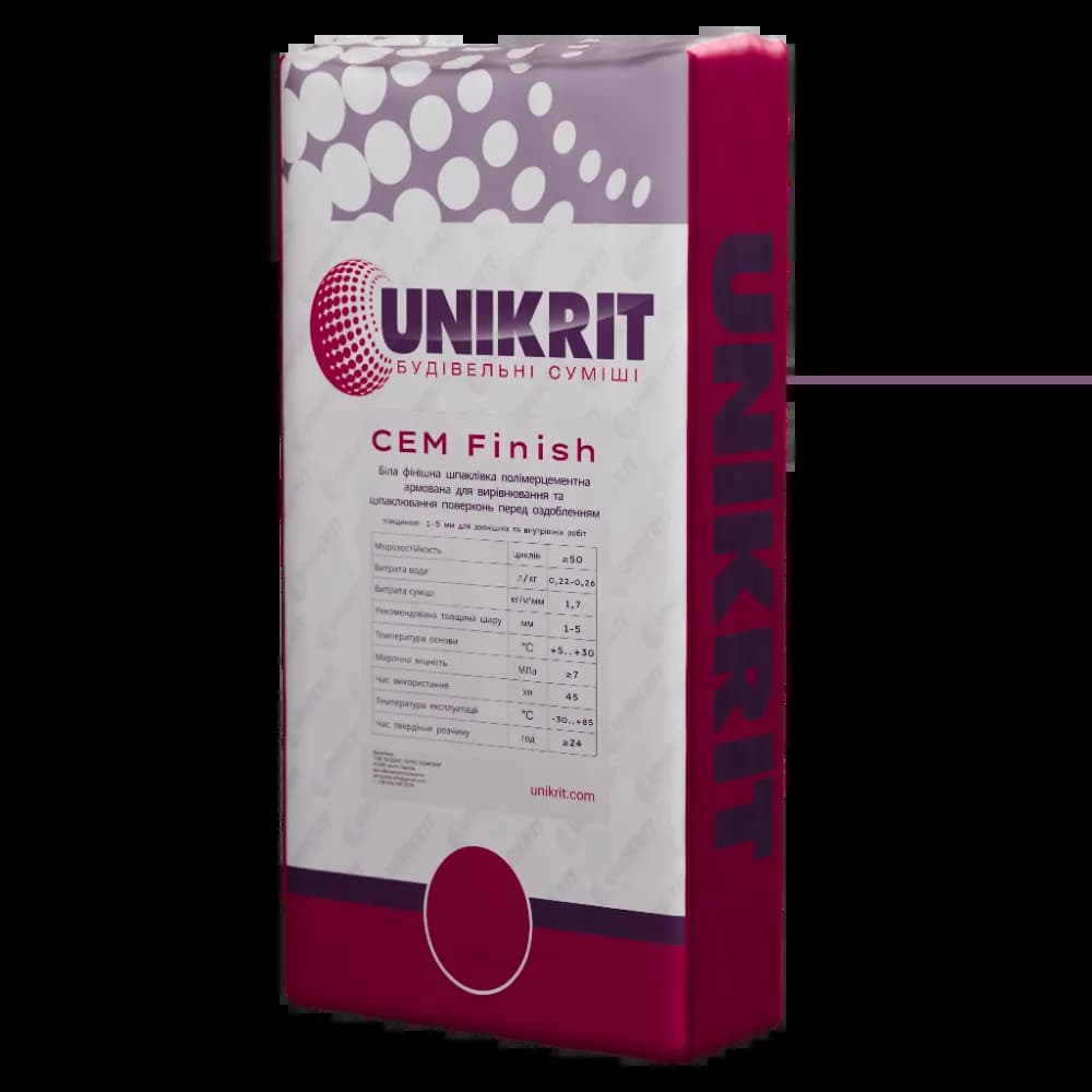 Біла фінішна шпаклівка UNIKRIT CEM Finish 25 кг - 921189533
