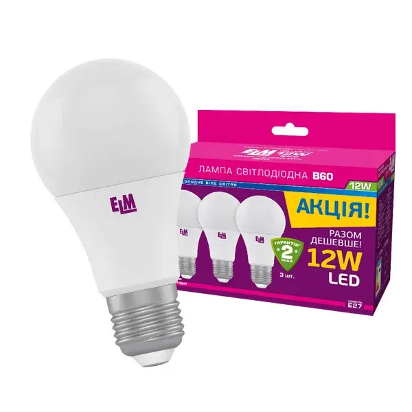 Лампа світлодіодна ELM B60 12W PA10L E27 4000K 3шт. (18-0142) - 227060