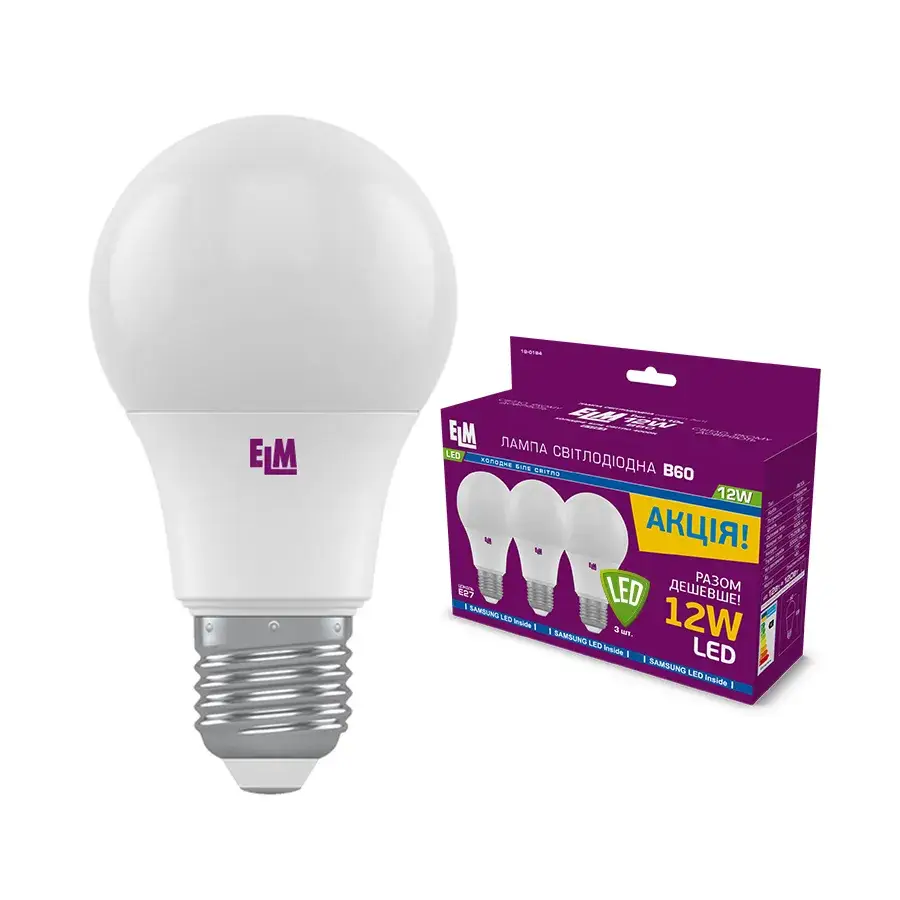 Ламспа светодиодная ELM B60 12W PA10S E27 4000K 3шт. (18-0184) - 227061