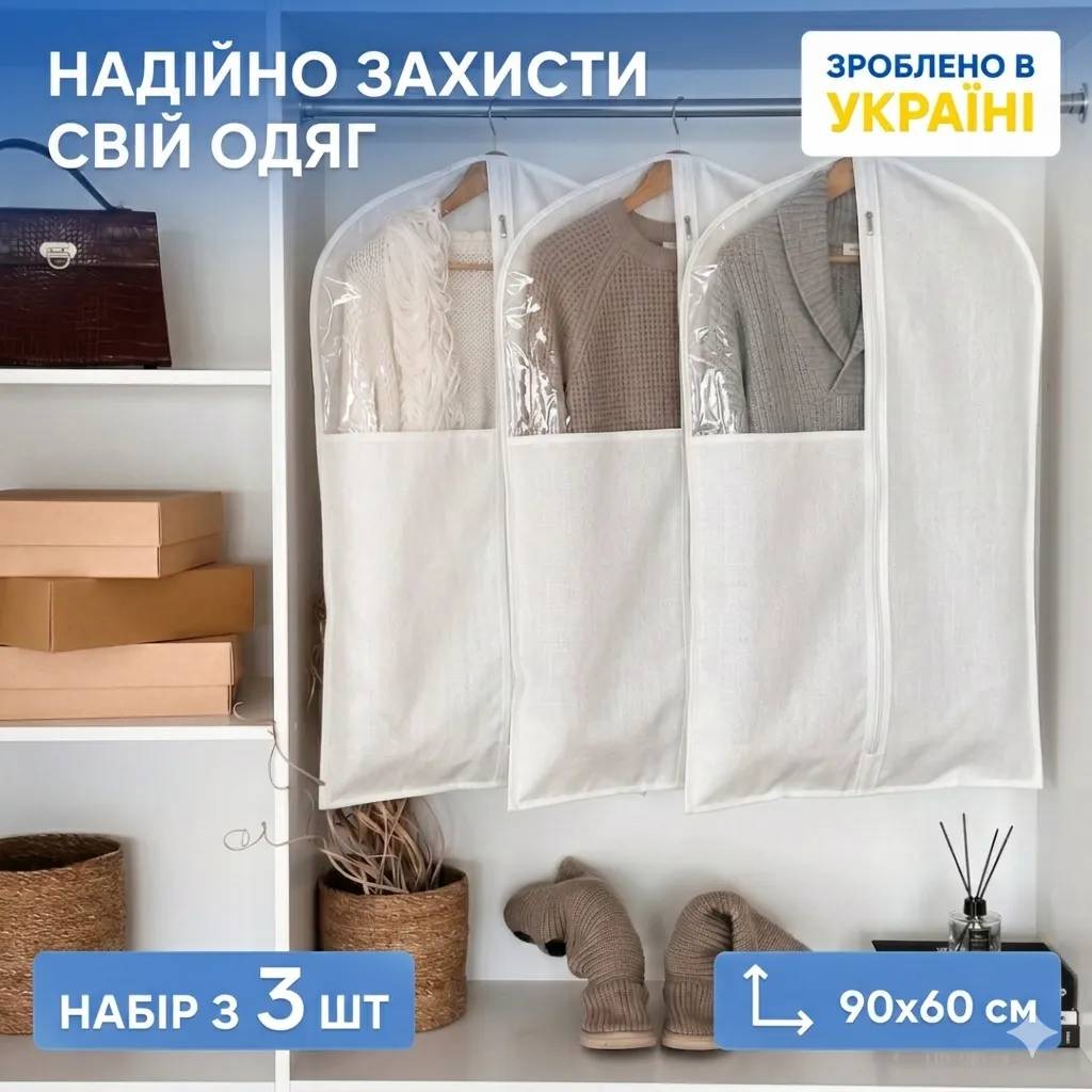 Набір ORGANIZE чохлів з прозорою вставкою для короткого одягу 3 шт - 90*60 см (білий) - 242189