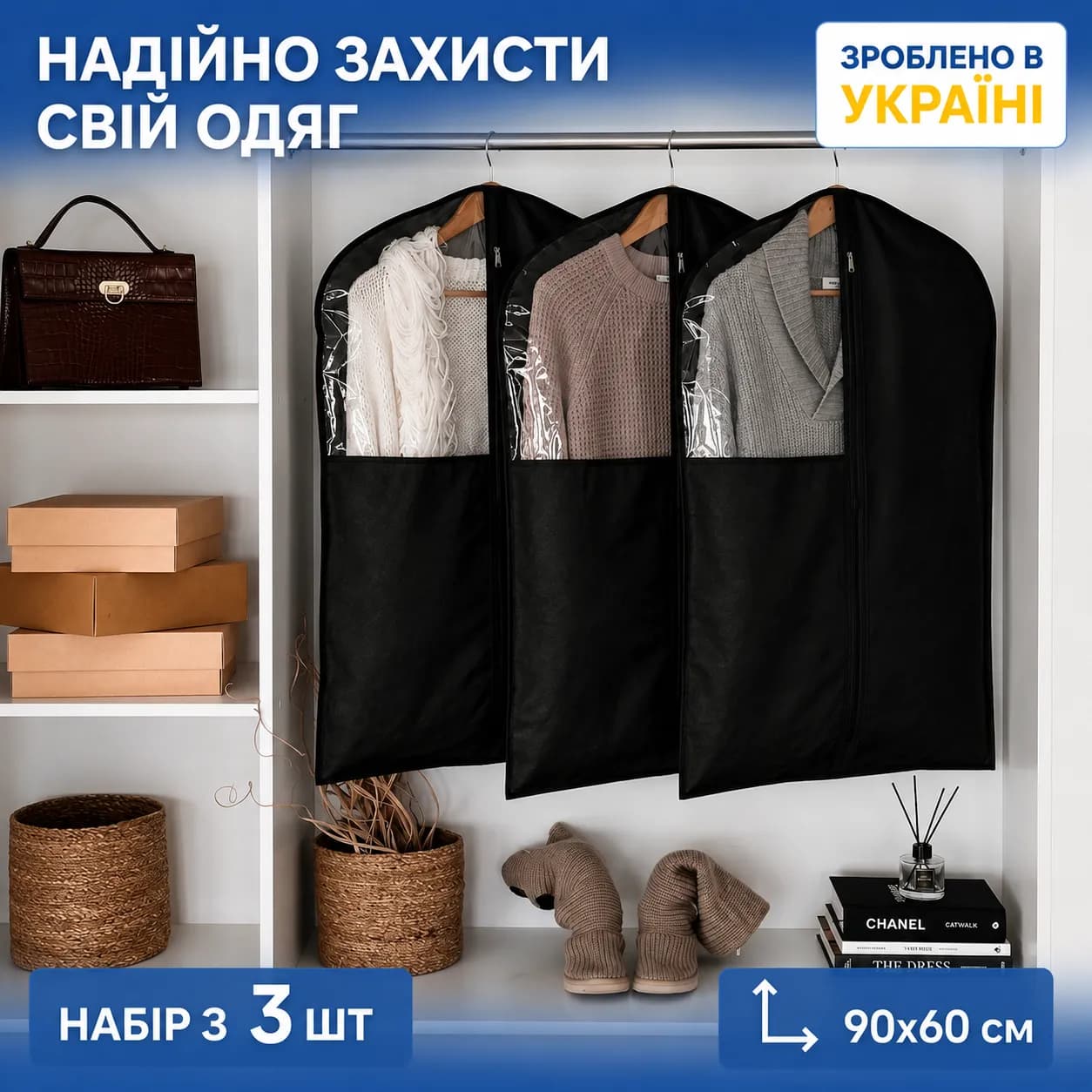 Набор ORGANIZE чехлов с прозрачной вставкой для короткой одежды 3 шт — 90*60 см (черный) - 573542161