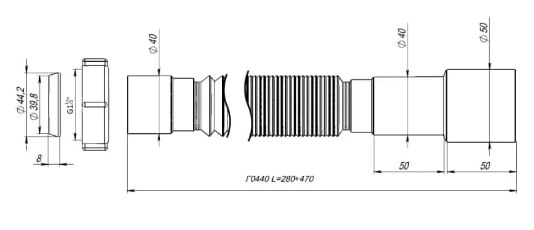 Відвід гнучкий складаний Г0440 SoloPlast, 280–470 мм, 40/50 мм для сифона - 958447097
