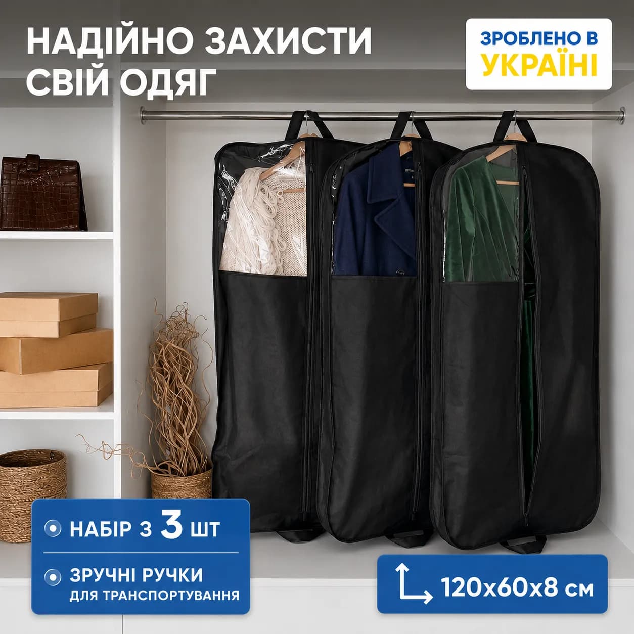 Набор чехлов-органайзеров ORGANIZE с бортом для зимней одежды 3 шт (черный) - 144606306