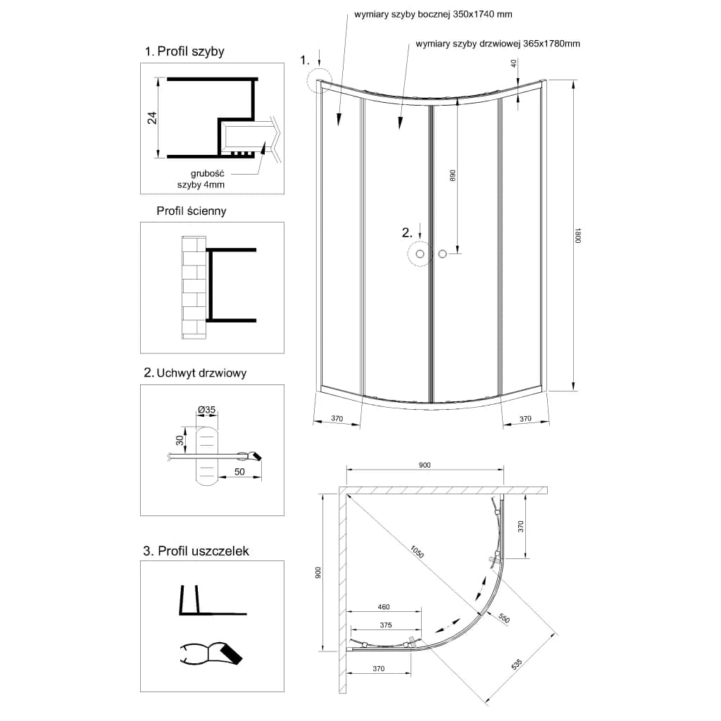 Душова кабіна півкругла 90x90, графітове скло, Invena Vitoria AK-49-197 - 827774227