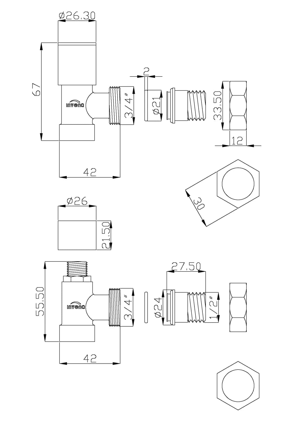 Комплект радіаторних кранів, білий, INVЕNA, CZ-31-K15 - 312090023