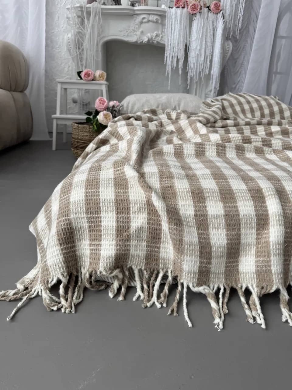 Плед хлопковый ZEINTEX Эдинбург с бахромой бежевый 180х220 см - 315087