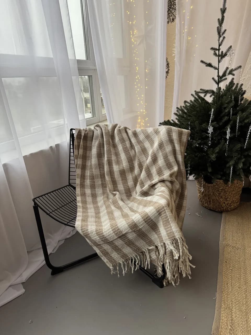 Плед хлопковый ZEINTEX Эдинбург с бахромой бежевый 180х220 см - 450069197