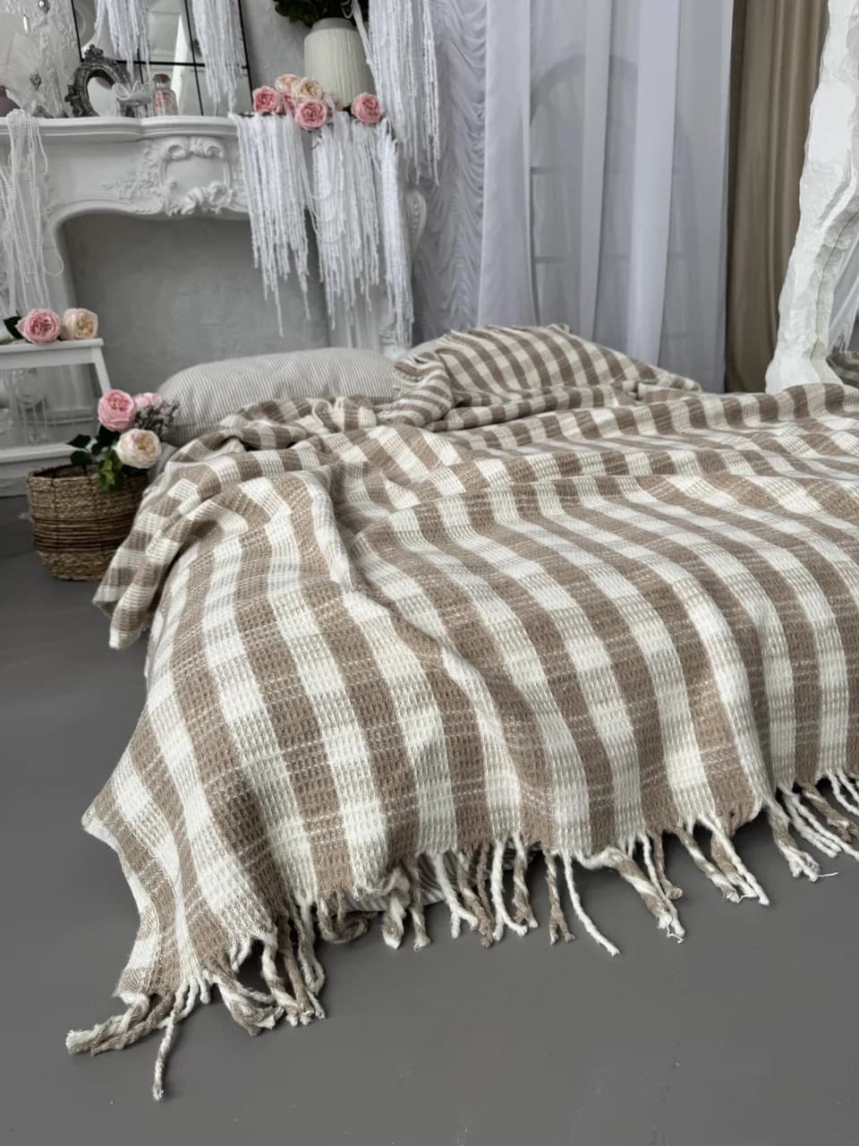 Плед хлопковый ZEINTEX Эдинбург с бахромой бежевый 180х220 см - 450069197