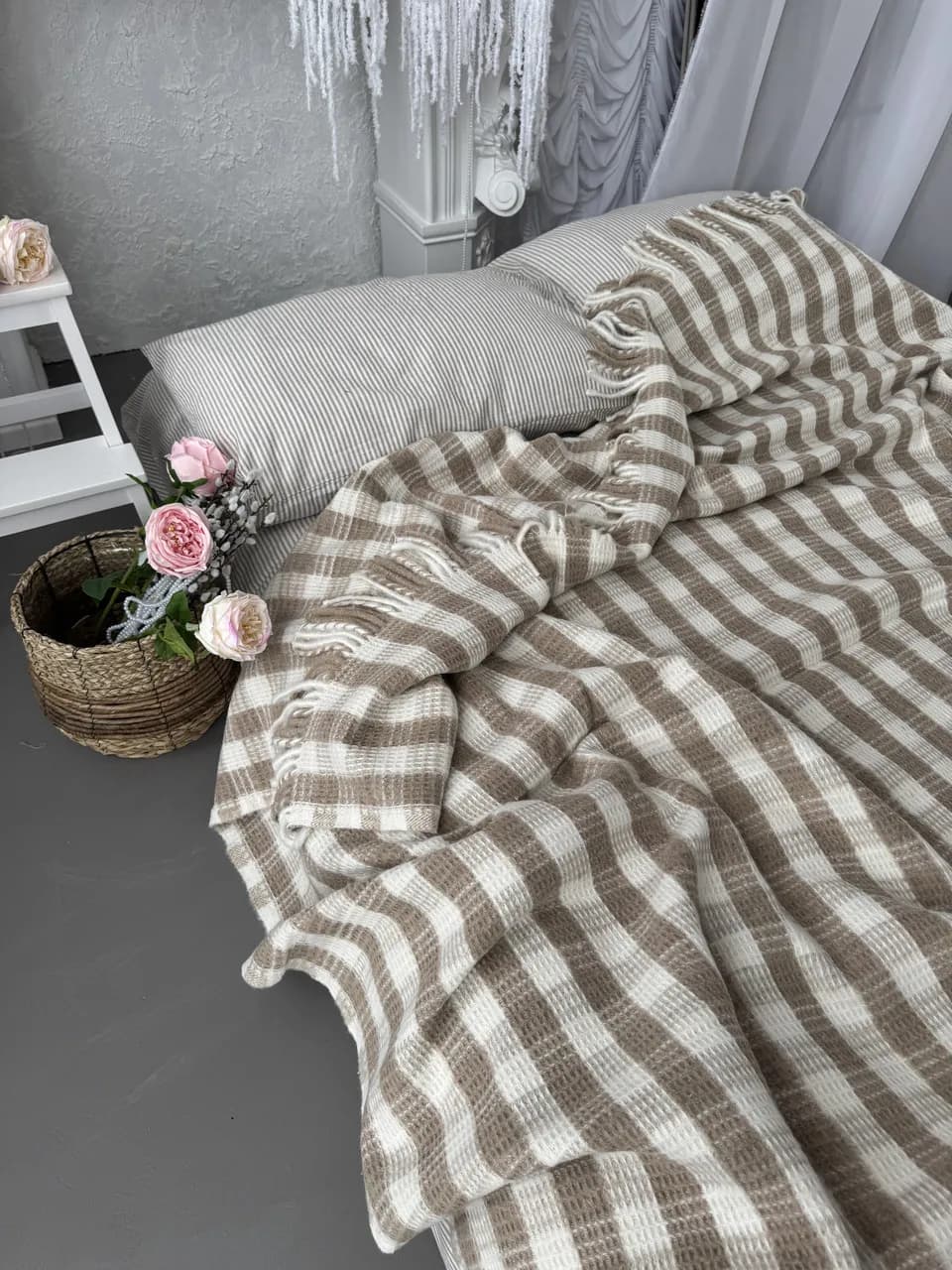 Плед хлопковый ZEINTEX Эдинбург с бахромой бежевый 180х220 см - 450069197