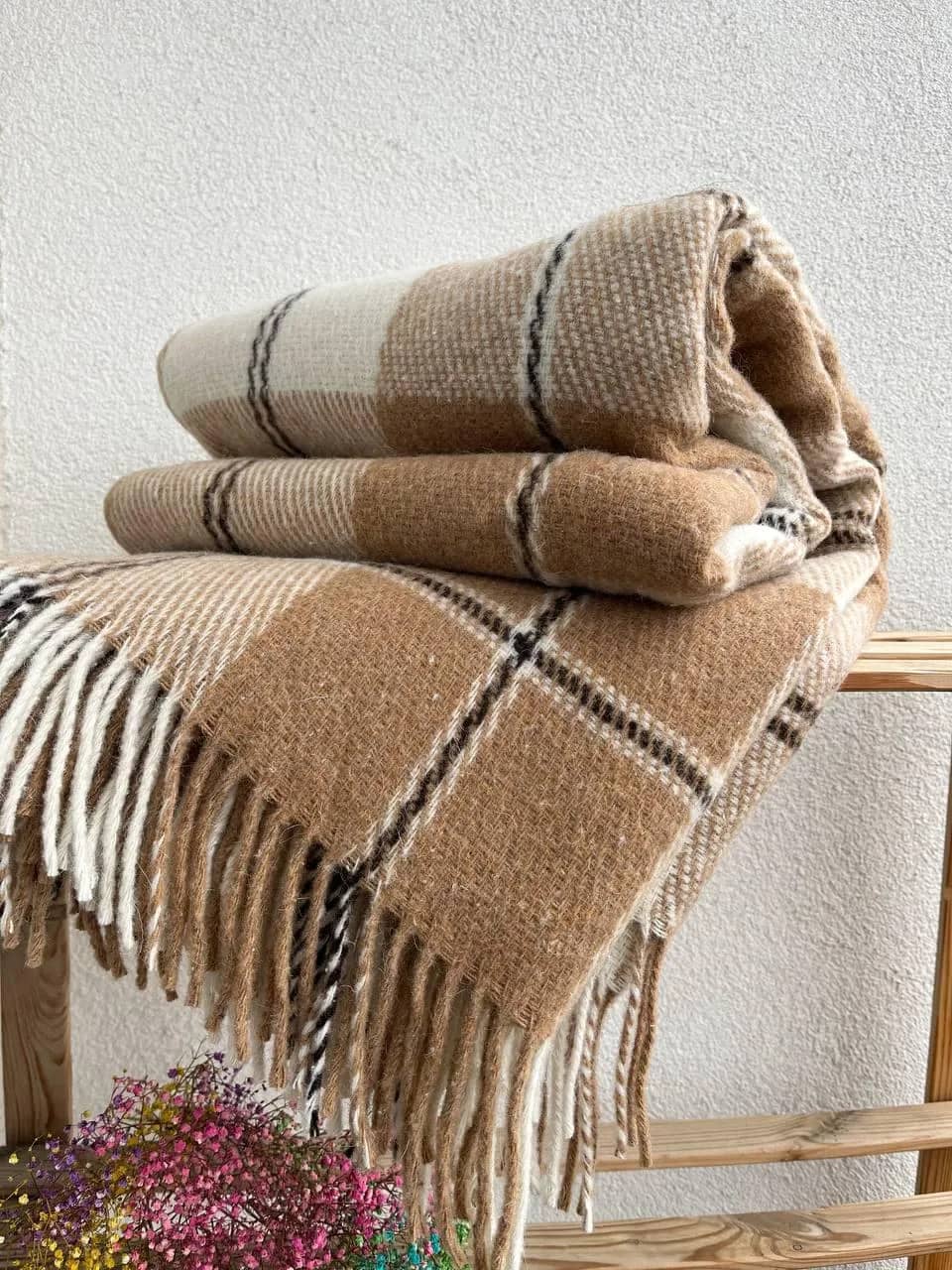 Плед Wool в клетку шерстяной бежевый - 315362