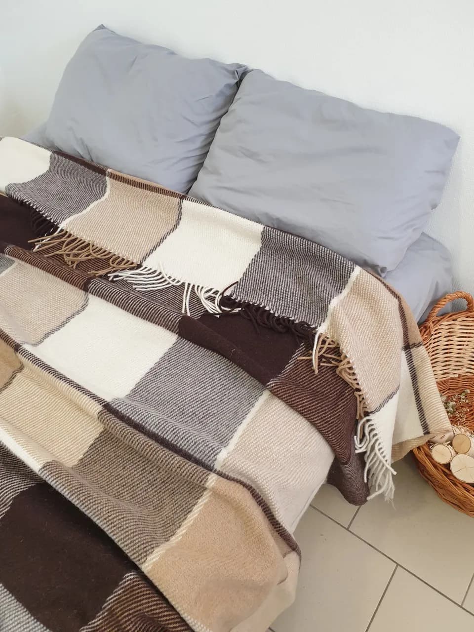 Плед Wool в клетку шерcтяный коричневый 200х220 см - 520466187