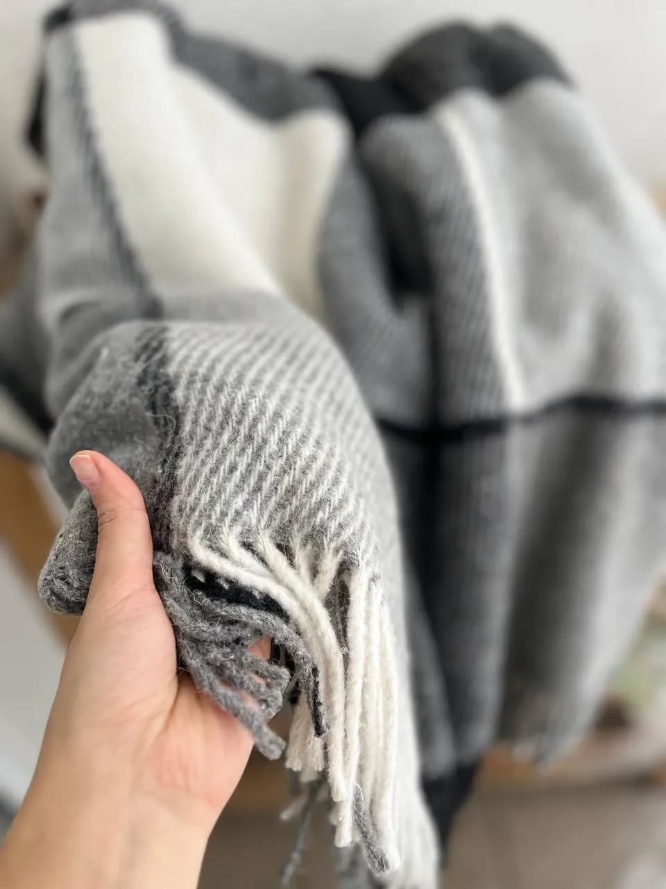 Плед Wool в клетку шерcтяный серый - 950697402