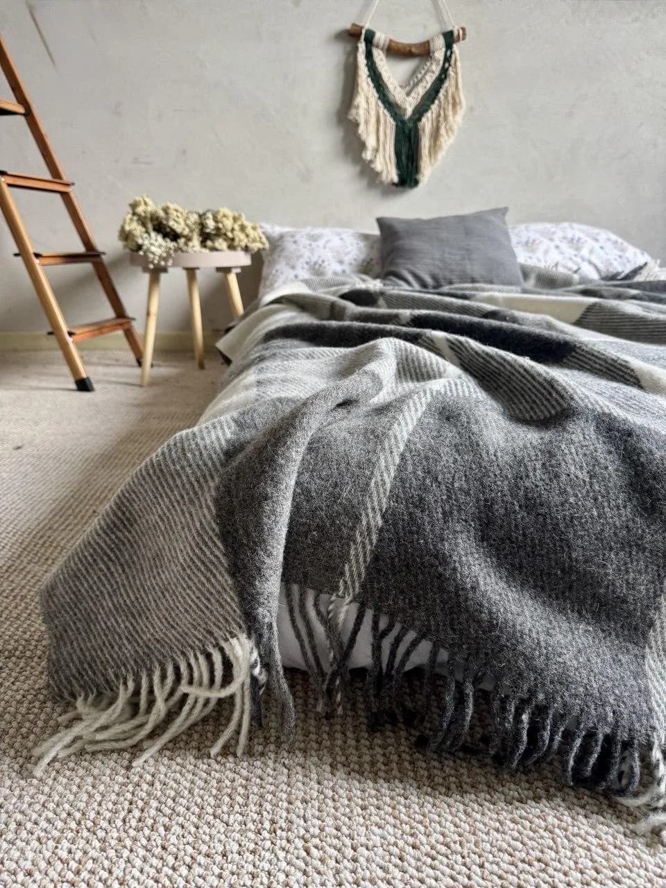 Плед Wool в клетку шерcтяный серый - 950697402