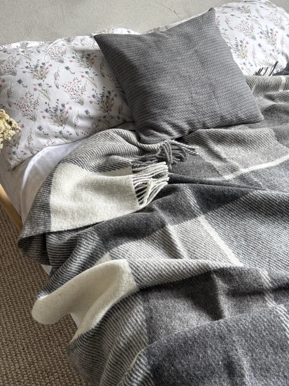 Плед Wool в клетку шерcтяный серый - 950697402