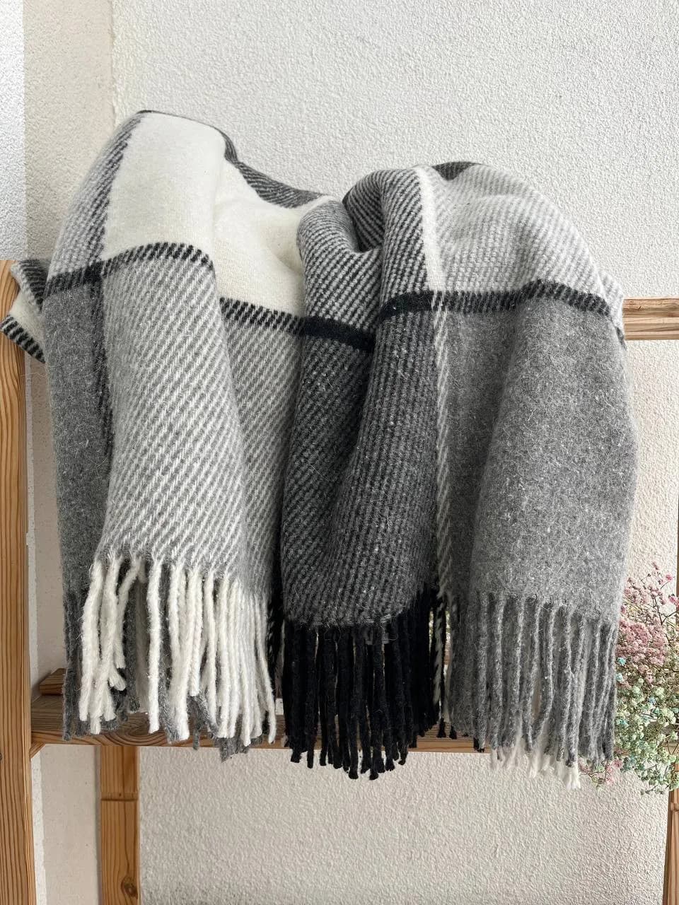 Плед Wool в клетку шерcтяный серый - 950697402