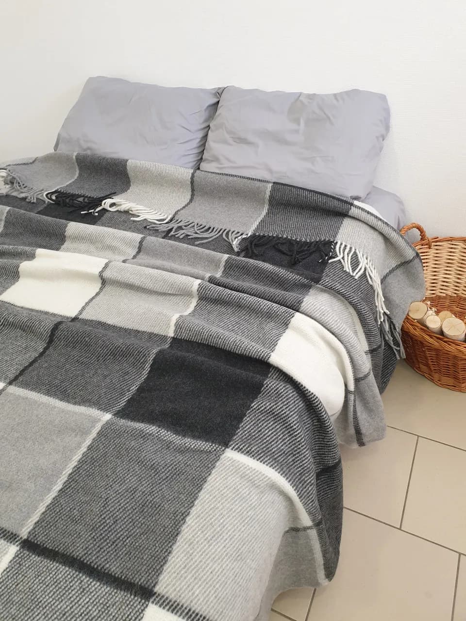 Плед Wool в клетку серый шерстяной 170х210 см - 868129582