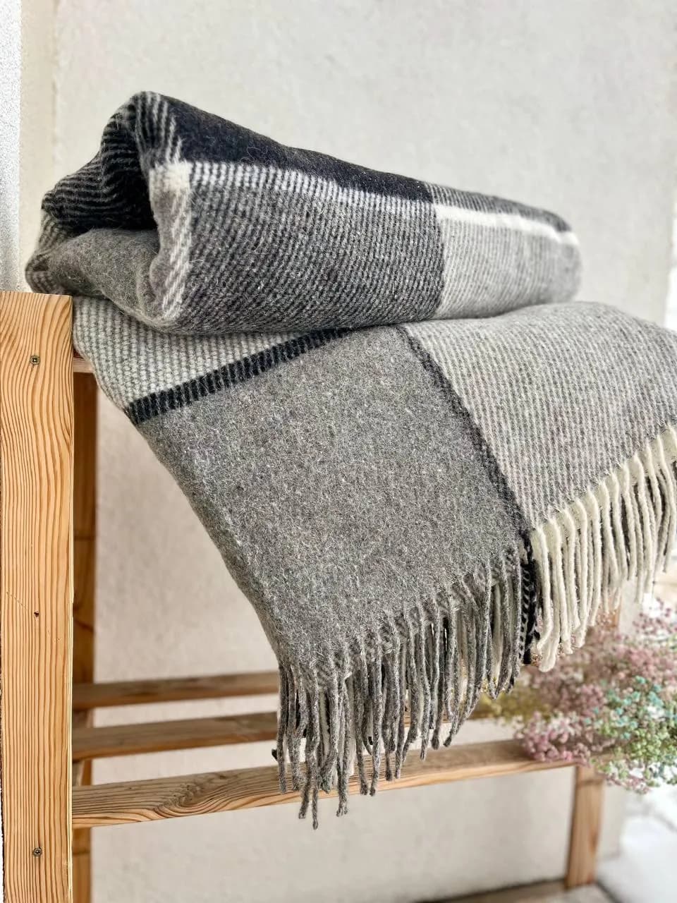 Плед Wool в клетку серый шерстяной 170х210 см - 868129582