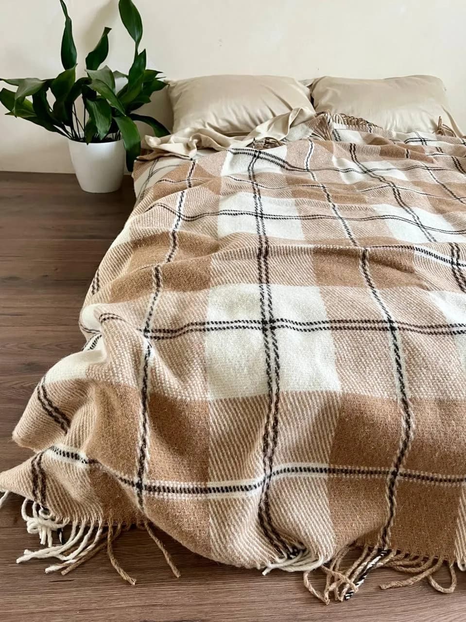 Плед Wool в клетку шерстяной бежевый 170х210 см - 657168452