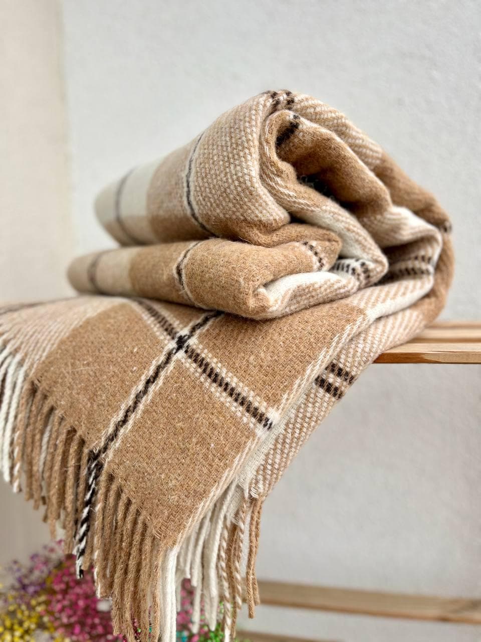 Плед Wool в клетку шерстяной бежевый 170х210 см - 657168452