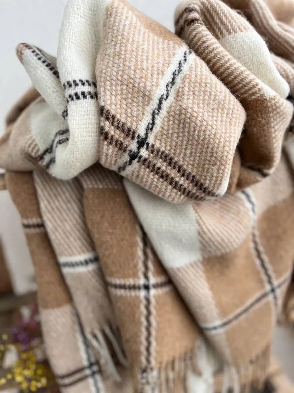 Плед Wool в клетку шерстяной бежевый 200х220 см - 741766823