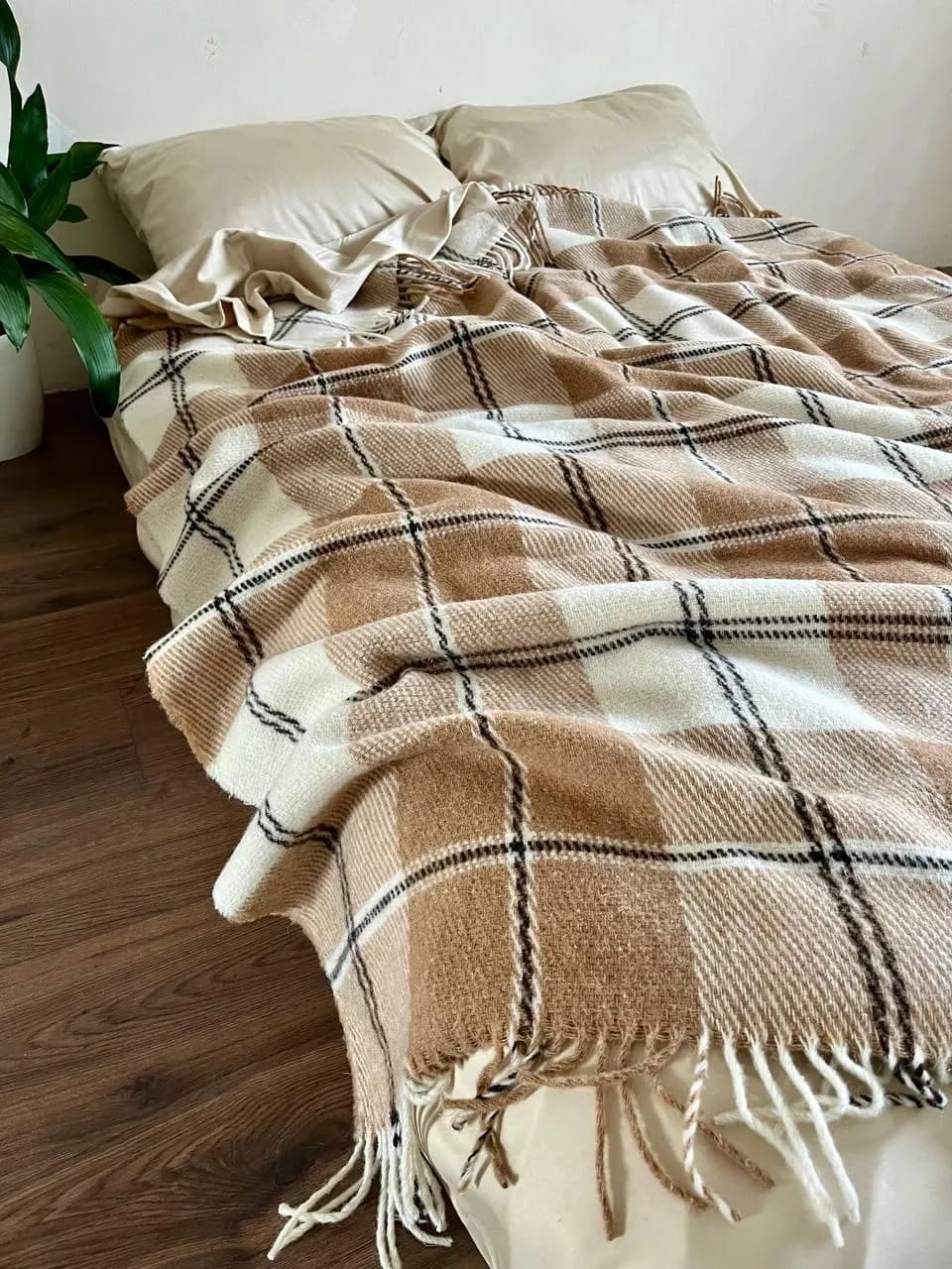 Плед Wool в клетку шерстяной бежевый 200х220 см - 741766823