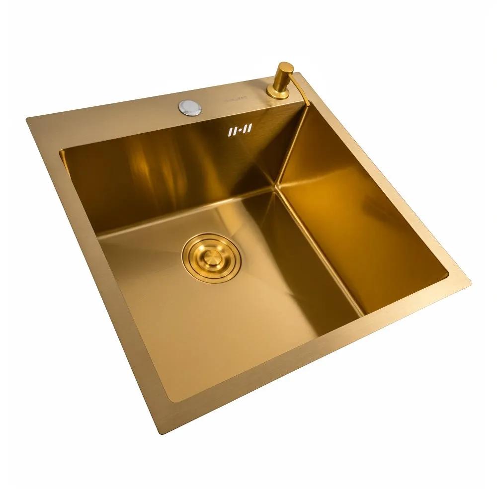 Кухонная мойка 50×50 PVD Gold Valeso Handmade (круглый сифон, 3,0/0,8) - 331490