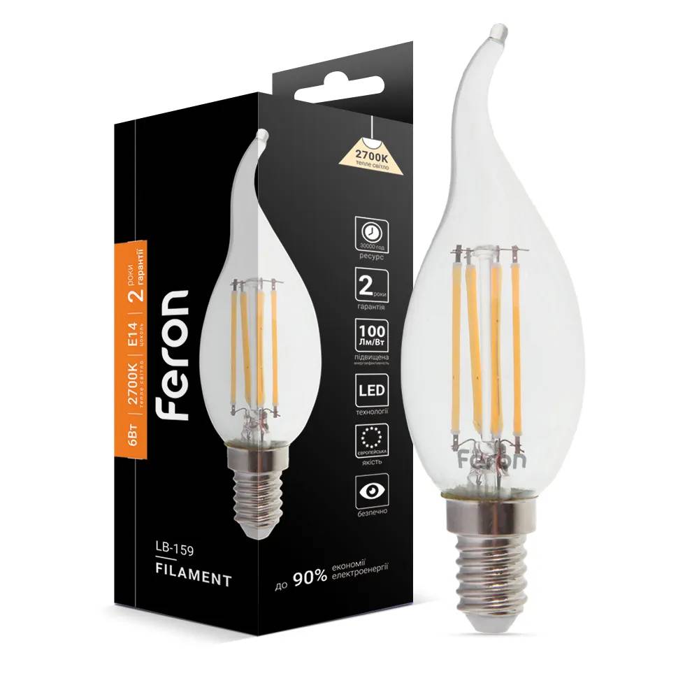Світлодіодна лампа Feron Filament LB-159 6Вт E14 2700K свічка на вітрі - 342215