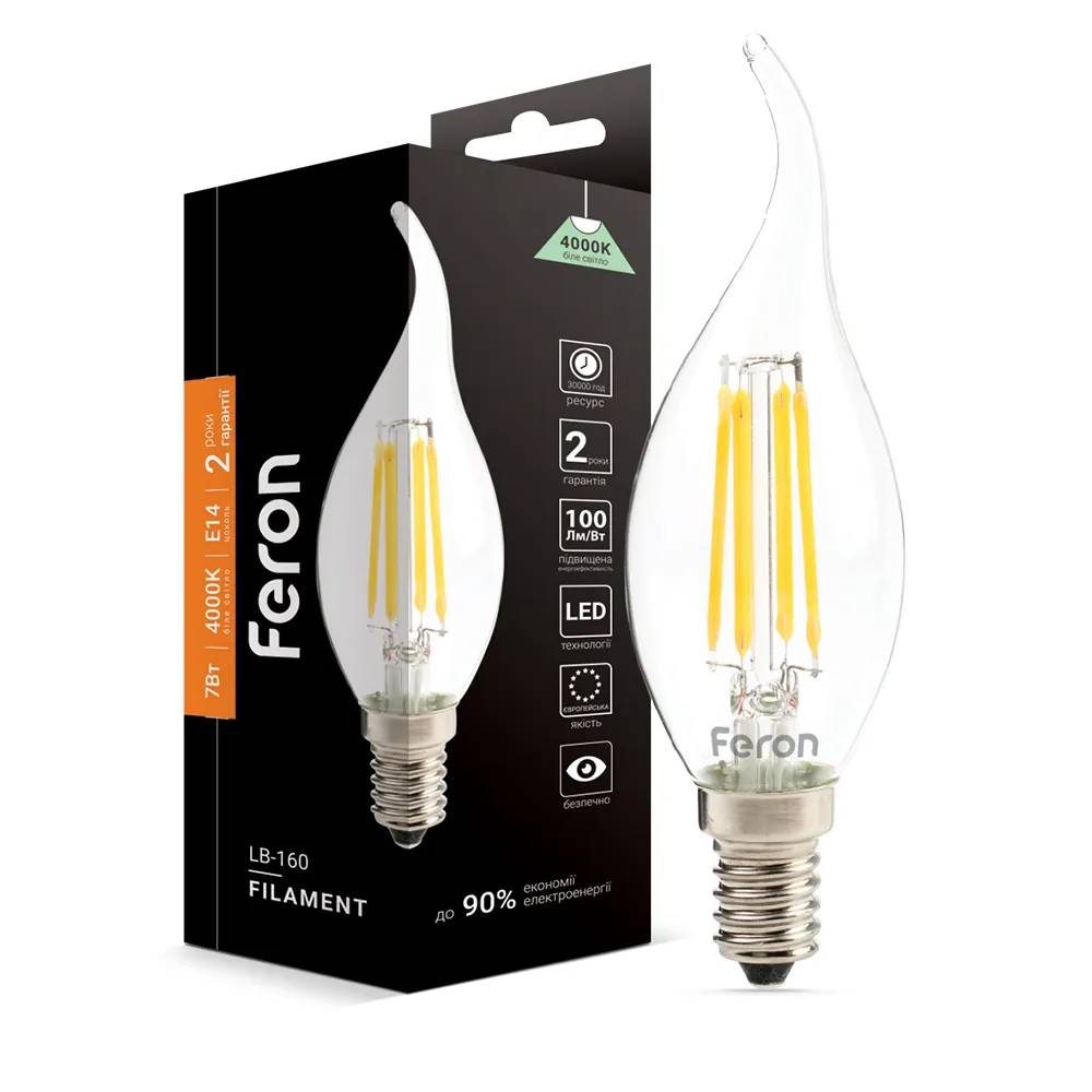 Світлодіодна лампа Feron Filament LB-160 7Вт E14 4000K свічка на вітрі - 342219