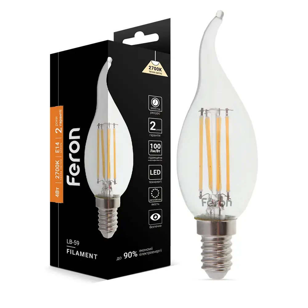 Світлодіодна лампа Feron Filament LB-59 4Вт E14 2700K свічка на вітрі - 342231