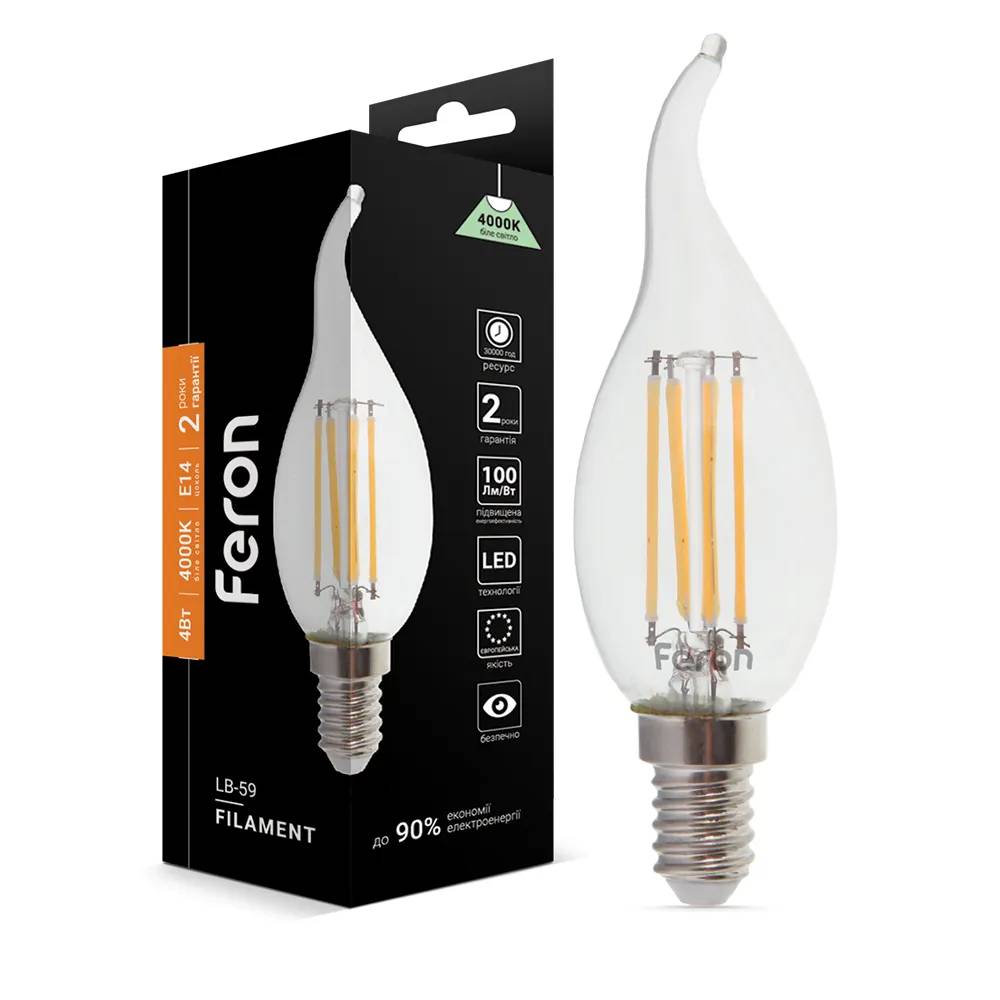 Світлодіодна лампа Feron Filament LB-59 4Вт E14 4000K свічка на вітрі - 342233
