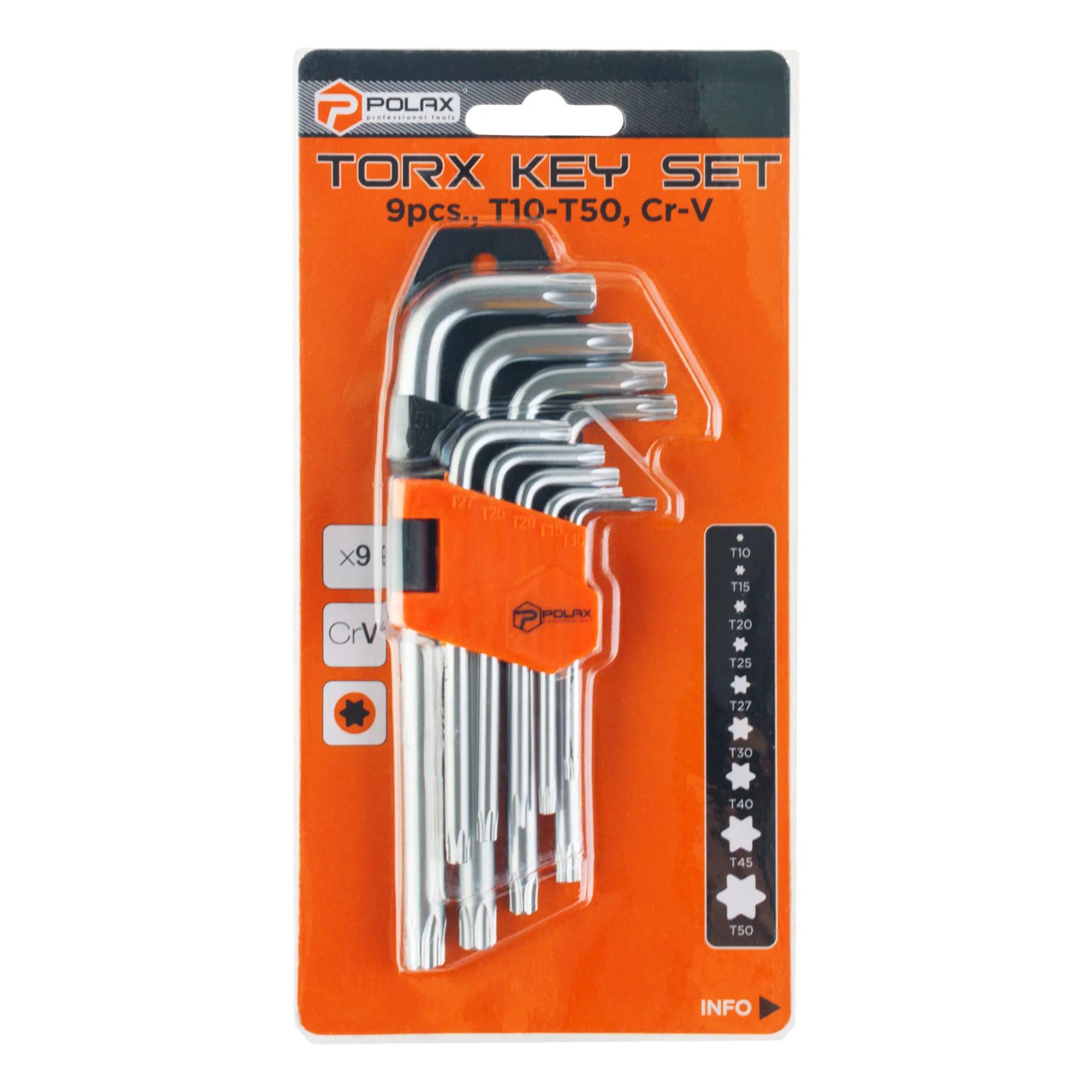 Набор шестигранных TORX ключей Polax Г-образных, 9 предметов, Т10-Т50, Cr-V (25-007) - 356850
