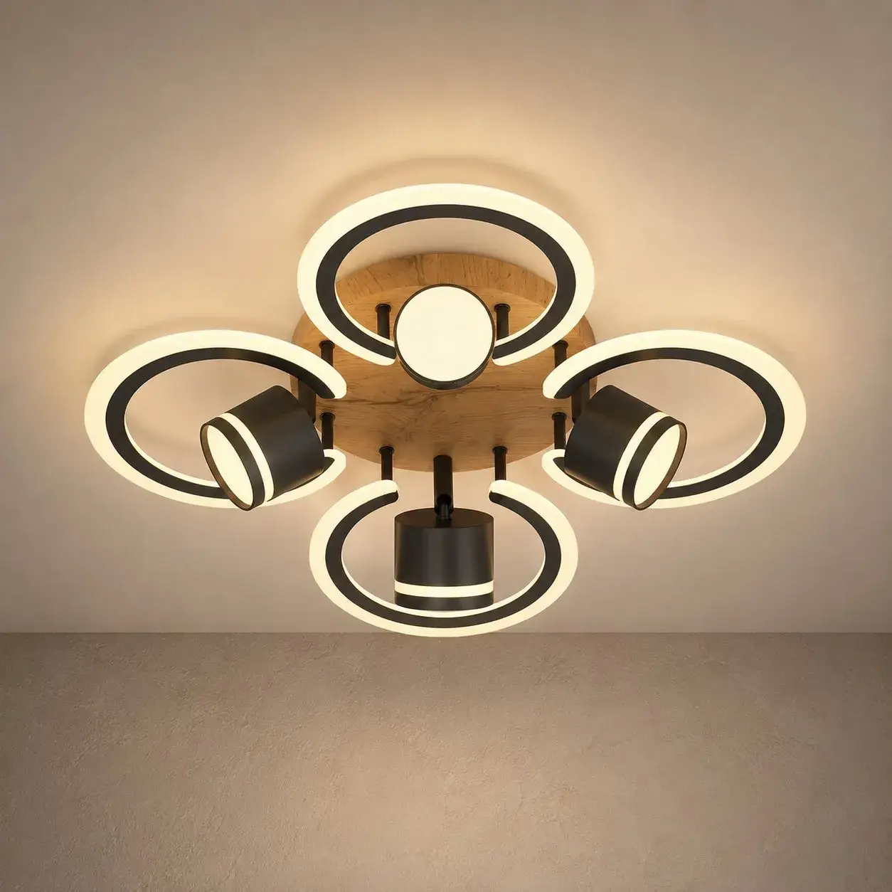 Люстра стельова VALESO LI9926B-4+4A BK+WOOD, чорний + дерево, LED - 397784