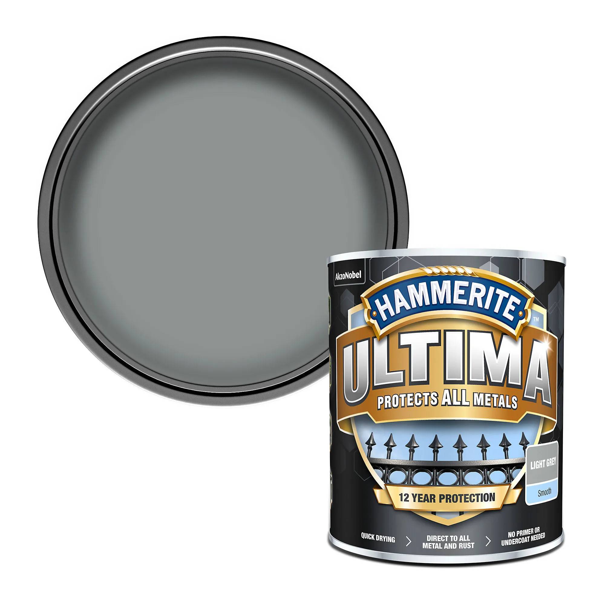 Защитная краска 3 в 1 по металлу на водной основе Hammerite Ultima, 0,7 л, серый, глянцевая - 412691