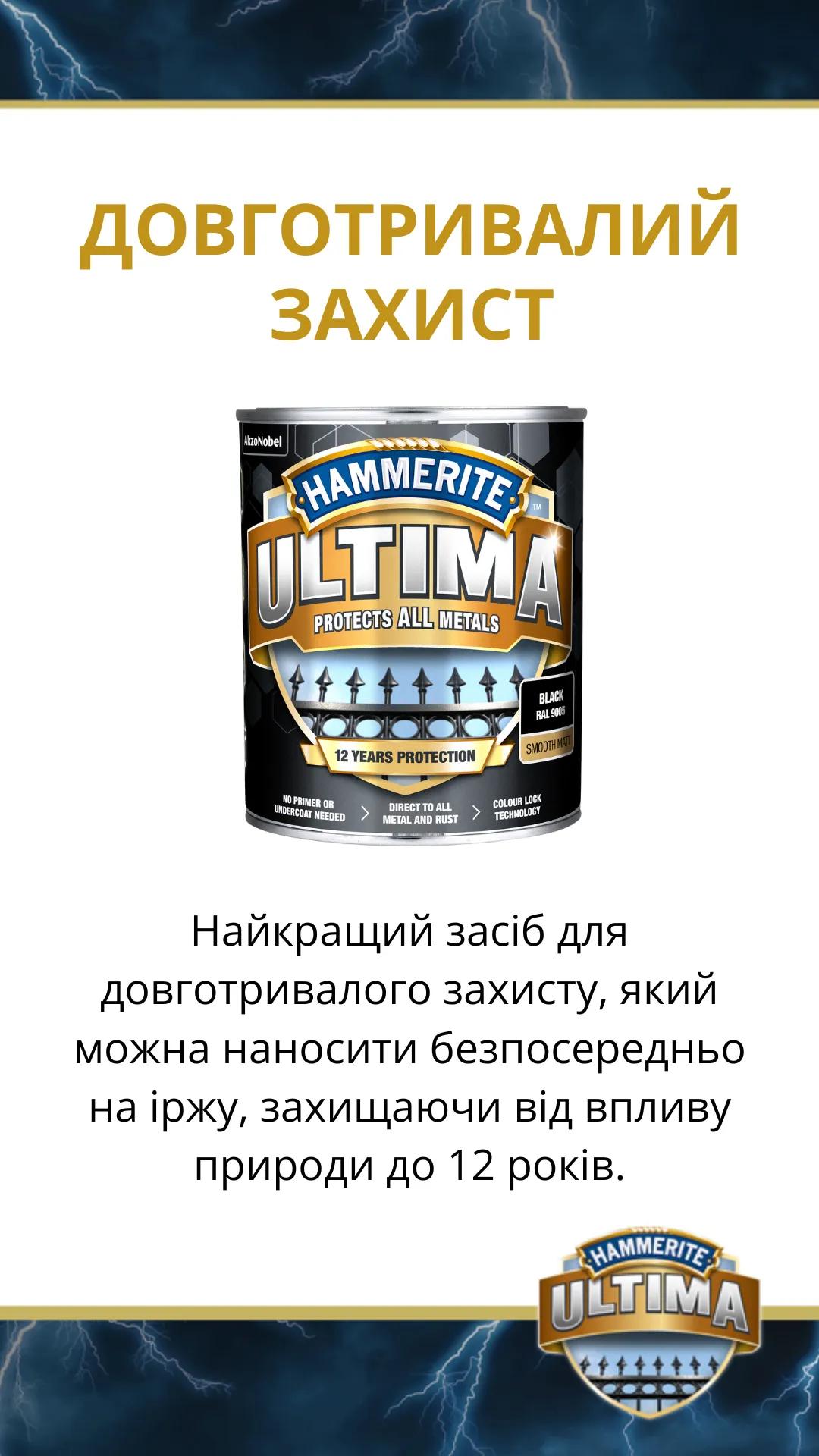 Защитная краска 3 в 1 по металлу на водной основе Hammerite Ultima, 0,7 л, серый, глянцевая - 412698