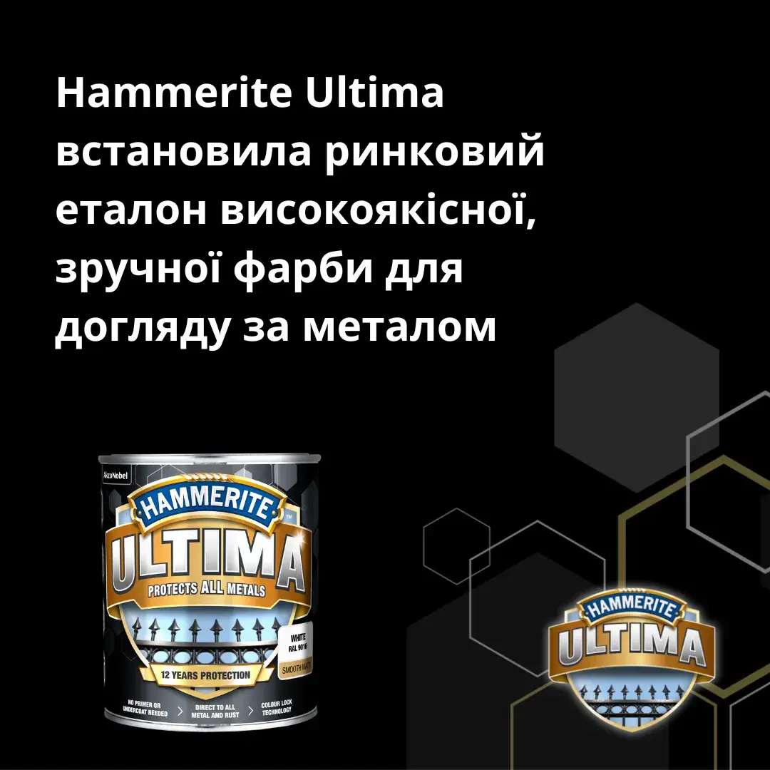 Защитная краска 3 в 1 по металлу на водной основе Hammerite Ultima, 0,7 л, черная, глянцевая - 412711