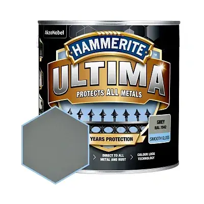 Захисна фарба 3 в 1 по металу на водній основі Hammerite Ultima, 2,2 л, сірий, глянцева - 412771