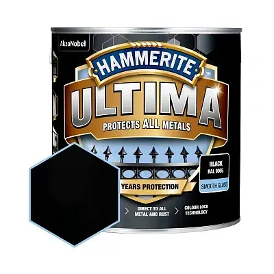 Захисна фарба 3 в 1 по металу на водній основі Hammerite Ultima, 2,2 л, чорна, глянцева - 412787