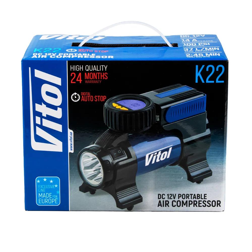 Компресор автомобільний VITOL K-22 12В 14А 100 psi 37 л/хв, цифровий манометр, автостоп, ліхтар, арт. K-22 - 493850