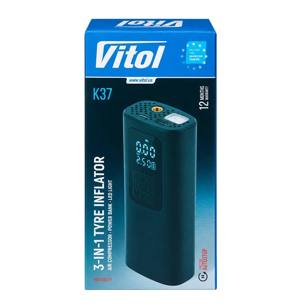 Компресор акумуляторний VITOL K-37 3 в 1, 7,4В 4000 мАг 14,8 Втг, 20 л/хв, цифровий манометр з автостопом, павербанк, ліхтар, арт. K-37 - 493883