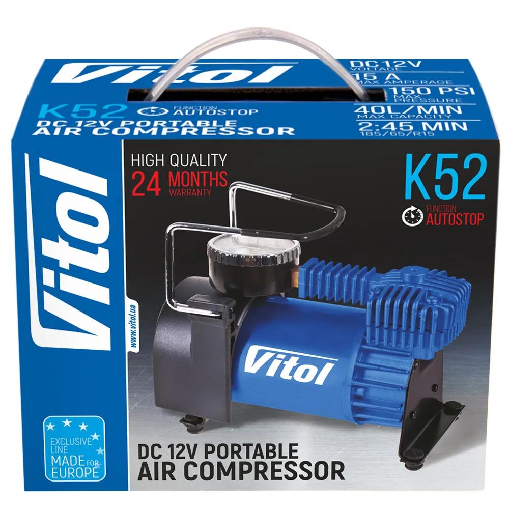 Компресор автомобільний VITOL K-52 12В 15А 150 psi 40 л/хв, автостоп, живлення від прикурювача, арт. K-52 - 493922