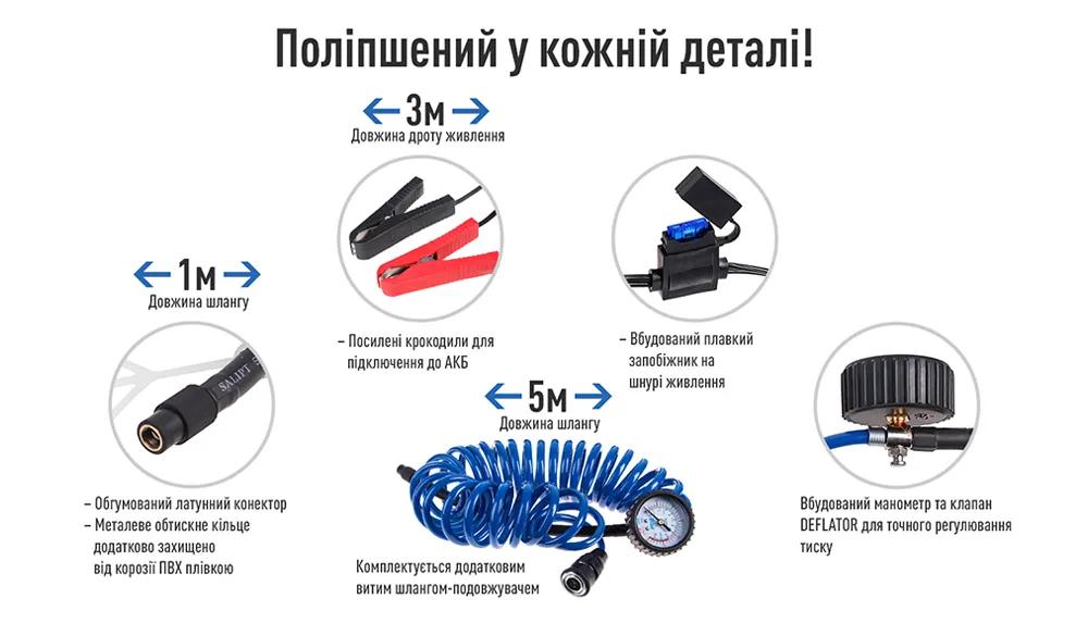 Компресор автомобільний VITOL K-55 12В 23А 150 psi 50 л/хв, клеми АКБ, шланг 5 м з дефлятором, арт. K-55 - 493933