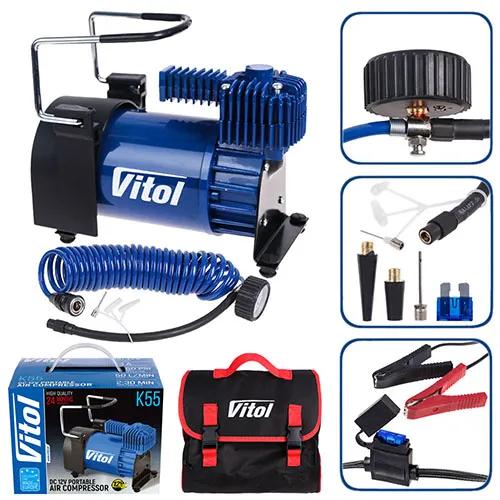 Компресор автомобільний VITOL K-55 12В 23А 150 psi 50 л/хв, клеми АКБ, шланг 5 м з дефлятором, арт. K-55 - 493944