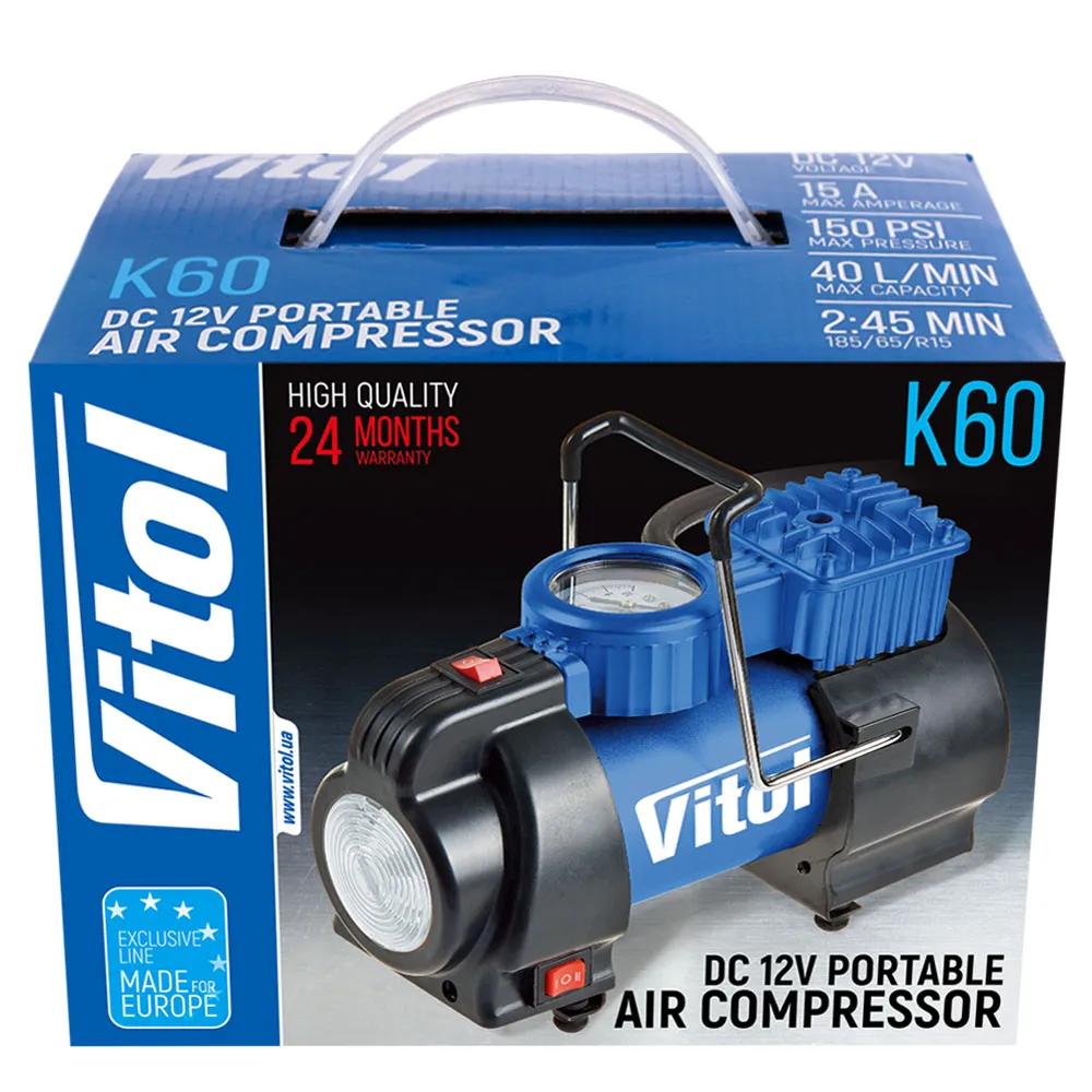 Компресор автомобільний VITOL K-60 12В 15А 150 psi 40 л/хв, вбудований ліхтар, живлення від прикурювача, арт. K-60 - 493956